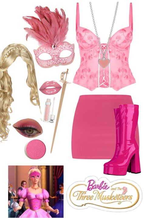 barbie 3 musketeers costume outfit ideas | 3 Musketeers Costume, Barbie 3 Musketeers, Musketeers Costume, Musketeer Costume, 3 Musketeers, Pink Heart Necklace, Play Barbie, Barbie Costume, Pink Mini Skirt