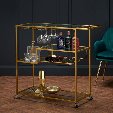 Drink Display, Gold Drinks, Metal Bar Cart, Champagne Drinks, Wine Bottle Storage, Top Drinks, Gin Bar, Drinks Trolley, Serving Cart