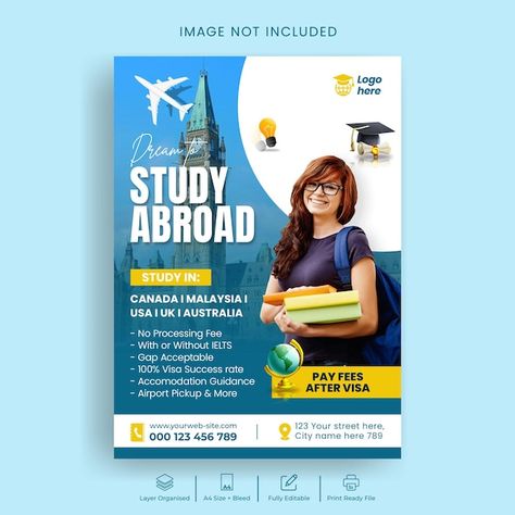 Study abroad flyer or student visa appli... | Premium Psd #Freepik #psd #poster #higher-education #flyer-template #print-ready Education Flyer, Dream Studies, About Study, Poster Template Design, Visa Application, Student Visa, Graphic Design Ads, Student Studying, Success Rate