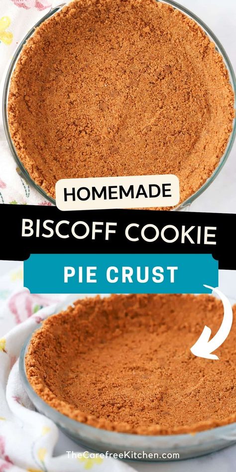 This Biscoff Pie Crust adds the flavor of spiced speculoos cookies to your favorite pies and cheesecakes. It’s the perfect pie crust to use anywhere you would normally use a graham cracker crust. #thecarefreekitchen #pie #crust #biscoff #nobake #dessert #cheeescake #speculoos Biscoff Cookie Pie, Cookie Pie Crust Recipe, Biscoff Pie, Cookie Pie Crust, Nobake Dessert, Pie Crust Recipe Easy, Speculoos Cookies, Creamy Pie, Easy Pie Crust