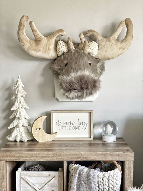 Moose Nursery Decor, Crochet Ears, Moose Nursery, Nursery Decor Pillows, Moose Head, Mountain Nursery, Baby Boy Room Nursery, Nursery Room Inspiration, Woodland Decor