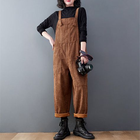 Curdoroy Overalls Outfit, How To Style Brown Overalls, Black Baggy Overalls, Brown Corduroy Overalls, Corduroy Dungarees Outfit, Fall Jumpsuits & Rompers, Brown Corduroy Overalls Outfit, Overalls Outfit Brown, Courdory Overalls Outfits