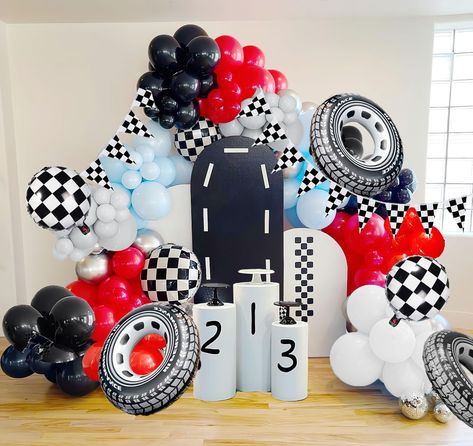 Car Balloon Garland, Fast Birthday Decorations, Birthday Party Paper Decorations, Car Balloon, Airplane Birthday Party Decorations, Blue Race Car, Classic Cars Birthday Party, Two Fast Birthday, Black And White Balloons