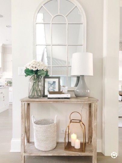 Light Wood Console Table, Life On Cedar Lane, Entry Way Decor, Benjamin Moore Classic Gray, Console Table Decorating, Entryway Table Decor, Entry Decor, Target Home Decor, Frame Mirror