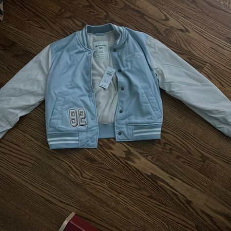 Light blue abercrombie kids varsity jacket Light Blue Varsity Jacket, Off White Varsity Jacket, Blue Varsity Jacket, White Varsity Jacket, Kids Light, Abercrombie Kids, Varsity Jacket, Light Blue, Off White