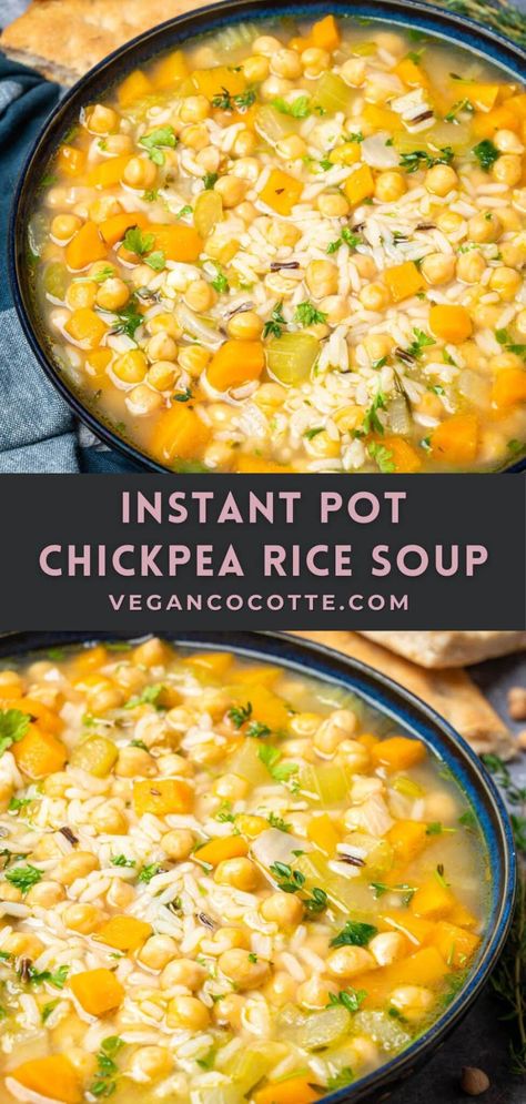 Instant Pot Chickpea Rice Soup Vegetable Rice Soup, Chickpea Rice, Rice Recipes Vegan, Big Food, Vegan Instant Pot Recipes, Rice Soup Recipes, Vegan Stew, Vegan Chickpea, Vegetarian Soup Recipes