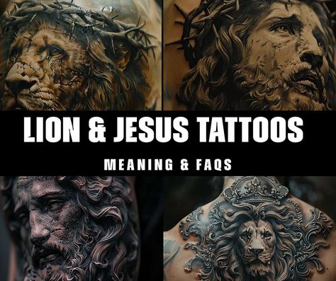 What is the symbolic meaning behind lion and Jesus tattoos? Lion And Jesus Tattoo, Jesus Tattoos, Love And Sacrifice, Berber Tattoo, Jesus Tattoo, Text Tattoo, Strong Faith, Modern Tattoos, Faith Love