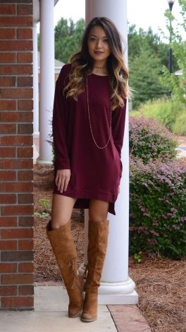 French Terry Pocket Frock, Burgundy Work Dresses With Boots, Burgundy Dress Outfit Casual, Knee Length Dress Outfit, Corduroy Dress Outfit, Burgundy Sweater Outfit, Tunic Dresses Outfit, Fall Tunic Dress, Burgundy Dress Outfit, Burgundy Dress Fall