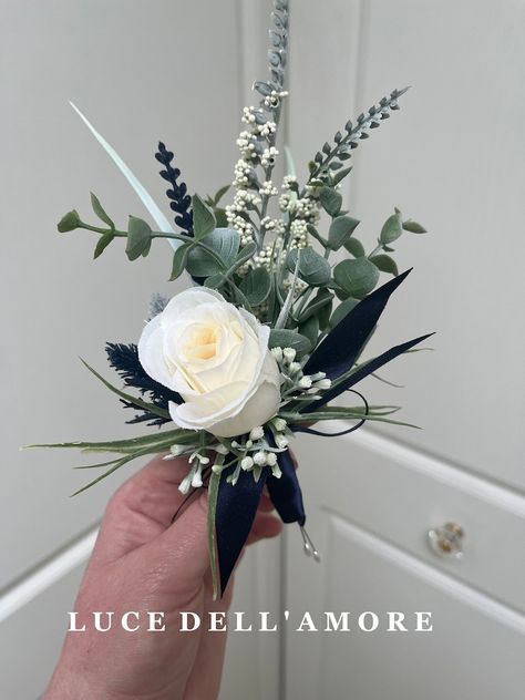 Navy and Ivory Faux Flower Wedding Bouquet - Etsy Winter Bouquet Ideas, Olive Green And Navy Blue Wedding, White And Navy Bouquet, Navy Bridesmaid Bouquet, Navy And Sage Wedding, Navy Bridal Bouquet, Enchanted Forest Wedding Theme, Navy Bouquet, Faux Flowers Wedding