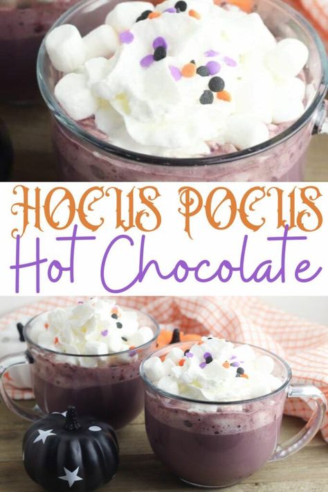 This Hocus Pocus Hot Chocolate is perfect for the Halloween season! Whether you're watching the sequel for the first time or rewatching the original, this seasonal treat will help you get into the Halloween Spirit! Hocus Pocus Hot Cocoa, Hocus Pocus Hot Chocolate, Hocus Pocus 2, Fall Baking Recipes, Movie Night Snacks, Seasonal Treats, Hot Coco, Halloween Movie, Halloween Drinks