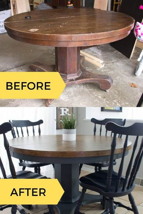 If you ever find a sturdy, solid wood, durable table -- snatch it up! Because with my sanding, staining and painting tips, you can easily give it a modern farmhouse look and create a lovely gathering space for your family! Let me show you how to give a table new life. How To Repaint Dining Room Table, Refinished Dinning Room Tables, Wooden Dining Table Makeover, Table Stained And Painted, Dining Room Table Two Tone, Redoing Dining Room Table And Chairs, Dining Room Table Diy Redo, Dining Room Table Makeover Before After, Refinishing Dining Room Table And Chairs Wood