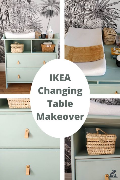 How to paint and upgrade your baby changing table. Make your IKEA furniture unique! #Ikeamakeover #greenfurniture #changingtable Unique Changing Table Ideas, Ikea Dresser Change Table, Ikea Hauga As Changing Table, Changing Table Dresser Diy, How To Paint Ikea Dresser, Ikea Tarva Changing Table, Green Changing Table, Myllra Changing Table, Koppang Changing Table