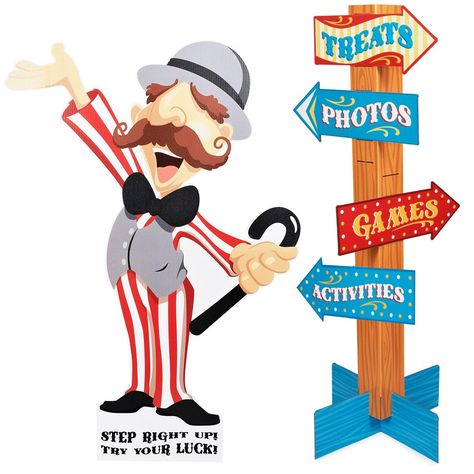 Carnival Man with Direction Sign Carnival Signs, Circus Birthday Party Theme, Direction Sign, Carnival Birthday Party Theme, Circus Carnival Party, Circus Decorations, Circus Theme Party, School Carnival, Carnival Themed Party