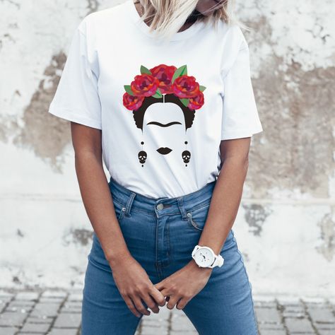 Frida Kahlo TShirt Feminist Shirt Frida Artist Dia de los Frida Kahlo Shirt, Feminist Design, Feminism Shirt, Feminist Movement, Outfits For Mexico, Trendy Shirt Designs, Feminist Shirt, Painted Denim, Work Attire