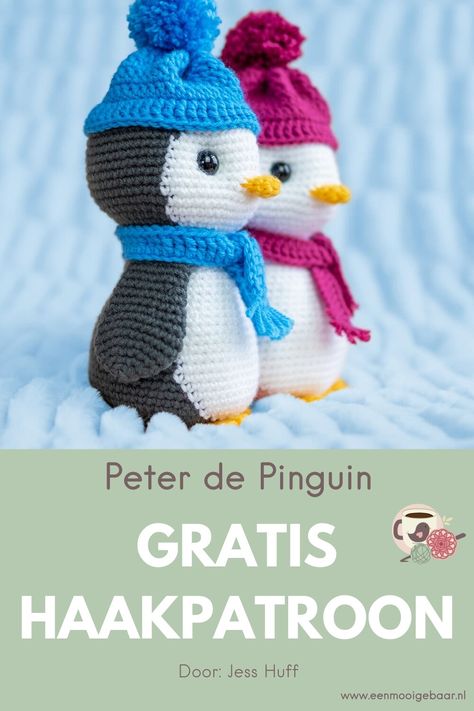 🐧 Haak deze schattige Pinguin!  🐧 Peter de Pinguin en Petra de Pinguin vliegen van je haaknaald met dit duidelijke haakpatroon van Jess Huff.  Jess Huff heeft daarnaast nog vele andere schitterende haakpatronen voor knuffels, waaronder heel veel dierenknuffels, een heks en een Kerstman. {{amigurimi}} Op de mooie site van Een Mooi Gebaar vind je meer dan 1000 mooie haakpatronen. Neem een kijkje! Jess Huff, Crochet Penguin, Crochet Amigurumi, Penguins, Diy And Crafts, Amigurumi, Crochet