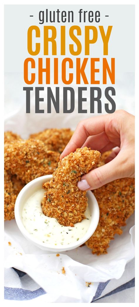 Gluten Free Crispy Chicken Tenders • One Lovely Life Fun Gluten Free Recipes Dinner, Chicken Tenders Baked, Chicken Tenders Crispy, Gluten Free Baked Chicken, Gluten Free Chicken Tenders, Crohns Diet, Oven Baked Chicken Tenders, Gluten Free Bread Machine, Dairy Free Lunch