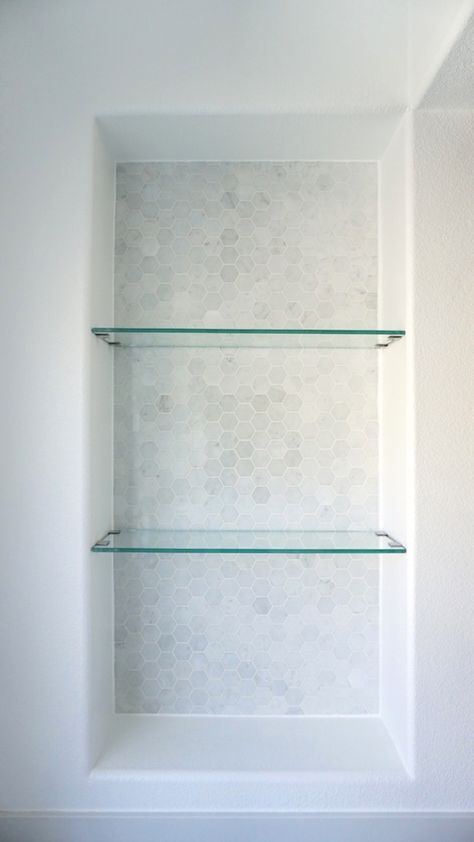 Tile Niche, Decorating Dorm, Glass Shelves In Bathroom, Bathroom Niche, Shelves Over Toilet, Glass Shelves Kitchen, Bathroom Shelves Over Toilet, Bathroom Shelf Decor, Shower Niche