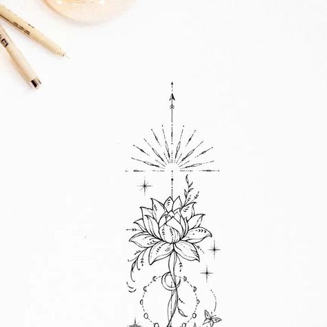 Deni Minar | Art | Drawing on Instagram: "One of three designs available ✨. The name is BELIEVE ON YOURSELF ❤️. A tattoo design empowering your self-believe and spiritual growth 🙏. The original size is 41x7cm/16,1x2,8 inches. It is best suited as a spine tattoo. If you are interested click ony my 🎉 LINK IN BIO 🎉 --- #deniminar #deniminart #arte #artwork #art #spine #tattoo #design #spinetattoo #backtattoo #mindfulness #symbolism #butterfly #butterflies #waterlily #lotus #lotusflower #moonphases #runes #fineart #believeinyourself #drawing #instagood #dailyart #photo #results #forsale #flowerart" Water Lily Spine Tattoo, Waterlily Tattoo Design, Self Growth Tattoo, Waterlily Tattoos, A Tattoo Design, Spine Tattoo, Spine Tattoos, Water Lilies, A Tattoo