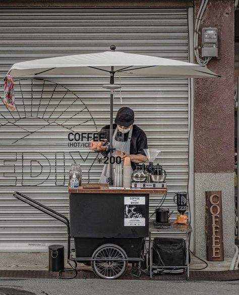 Coffee Bike Cart, Coffee Mobile Cart, Coffee Stall Ideas, Japanese Coffee Shop Aesthetic, Food Trailer Design, Coffee Cart Ideas, Food Setup, Mobile Coffee Cart, Coffee Food Truck