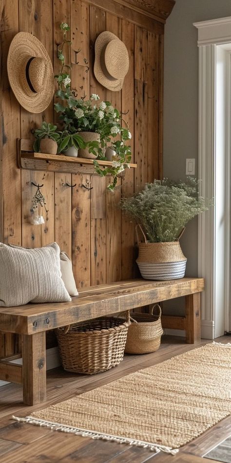 Vstupná Hala, Mudroom Decor, Farmhouse Entryway, Modern Rustic Decor, Cottage Living Rooms, Man Room, Home Entrance Decor, Decoration Inspiration, Wooden Bench