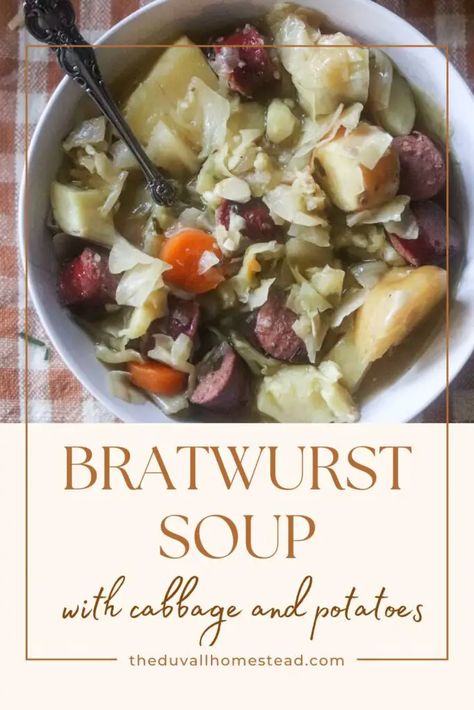 Fall is in the air and the season of cozy soup recipes is here. This bratwurst soup is the perfect lunch or dinner staple that will last long into winter season. With cabbage, potatoes, brats, and bone broth, this fall soup recipe is both easy and comforting. Easy Fall Lunch, Bratwurst Soup, Cozy Soup Recipes, Recipe For Cabbage, Soup With Cabbage, Cabbage Potatoes, Fall Lunch, Cozy Soup, Cabbage And Potatoes