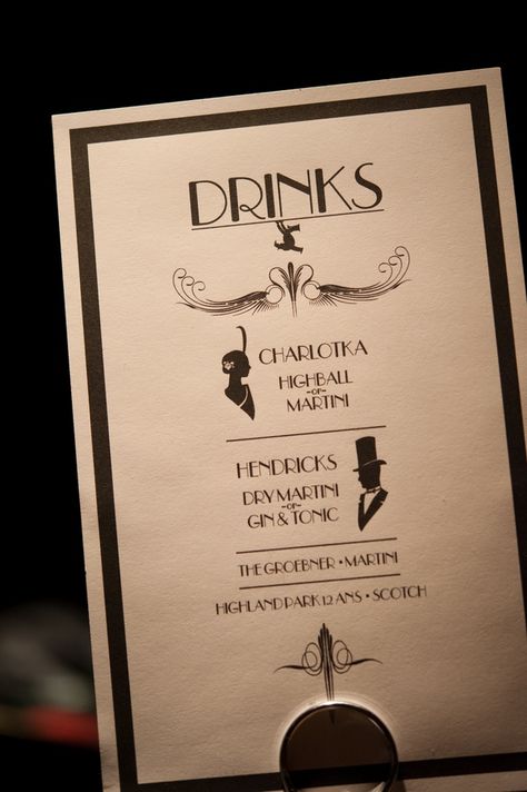 Fabulous art deco drinks menu. I WOULD LOVE THIS PARTY! I'll take a Hendricks martini, thank you. Photo by davina + daniel. - Art Deco Drinks Menu || Dorota + Fred Hollywood Inspired Wedding, Old Hollywood Party, Old Hollywood Wedding, Deco Boho, Great Gatsby Wedding, Hollywood Theme, 1920s Wedding, Hollywood Wedding, Jean Harlow