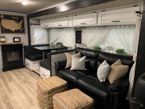 Gray And Black Camper Interior, Camper Makeover Farmhouse Style, Rv Renovation Ideas Travel Trailer Remodel, Farmhouse Motorhome, Trailer Bedroom, Small Travel Trailer Remodel, Camper Storage Ideas Travel Trailers, Camper Organization Rv Living, Small Travel Trailer