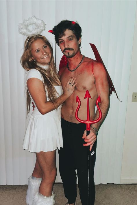 Devil And Angel Halloween Costumes, Devil Couple Costume, Devil Costume Couple, Devils Couple Costume, Angel Devil Costume, Angel And Devil Costume, Devil And Angel, Angel Halloween Costumes, Devil Costume