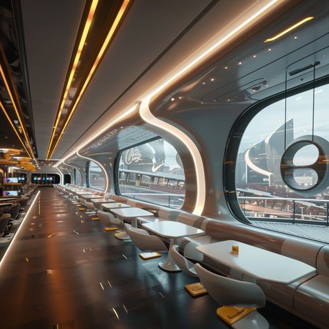 Futuristic Cafe Design, Futuristic Cafeteria, Futuristic Warehouse, Futuristic Cafe, Retro Futurism Interior, Futuristic Restaurant, Futuristic Transport, Fastfood Restaurant, Glass Shelves Decor