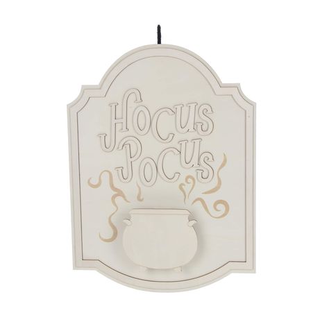 "Buy the 15.5\" Hocus Pocus Sign LED Wood DIY Wall Décor by Make Market® at Michaels. Featuring a cutout of a plaque with the words 'Hocus Pocus', a cauldron and a purple LED light, finish with your own unique touch by adding spooky patterns in paint, stain, glitter, decoupage and more. With machine smoothed sides and an unfinished surface, this wooden wall accent is a fun way to add personal style to your Halloween décor. Featuring a cutout of a plaque with the words 'Hocus Pocus', a cauldron and a purple LED light, finish with your own unique touch by adding spooky patterns in paint, stain, glitter, decoupage and more. Details: Unfinished 11.6\" x 15.55\" x 1.26\" (29.5cm x 39.5cm x 3.2cm) Purple LED light Requires 3 LR1130 batteries (included) Plywood, plastic and metal | 15.5\" Hocus P Purple Led Light, Hocus Pocus Sign, Hocus Pocus Spell Book, Purple Led Lights, Ornament Display, Wall Accent, Halloween Diy Crafts, Paint Stain, Spell Book