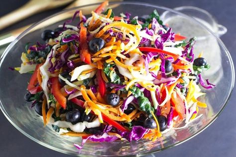 Low FODMAP Eat-The-Rainbow Slaw Rainbow Slaw, Picnic Salads, Fodmap Food, Kale Quinoa Salad, Grilled Corn Salad, Bacon Potato Salad, Rainbow Salad, Slaw Recipe, Grilled Halloumi