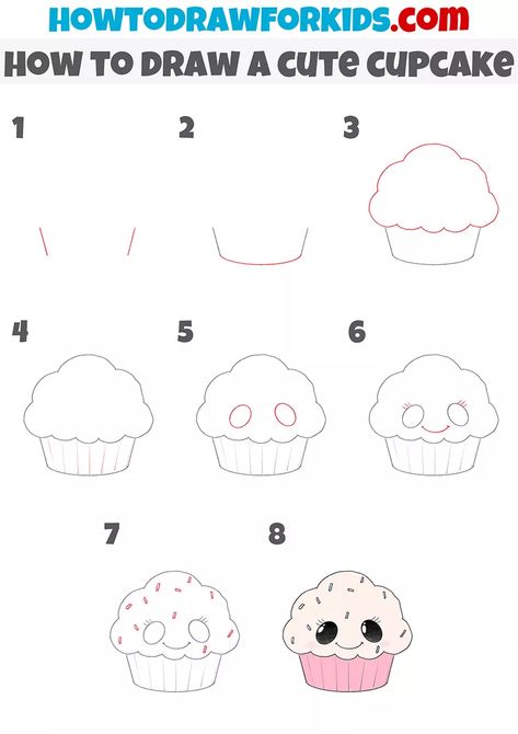 Cupcake Doodle Step By Step, How To Draw A Cute Cupcake, How To Draw Cupcakes Step By Step, How To Draw A Muffin, Cupcake Drawing Step By Step, How To Draw Frosting, How To Draw Cute Food, How To Draw A Cupcake, Cupcake Drawing Easy