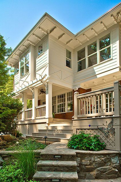 Tongue and groove boards combine with rafter tails with corbel ends to create detailed open eaves and a decorative roof rake. 2nd Story Living Room, Second Story Bump Out Addition, Cantilever Bump Out Addition, Kitchen Addition Ideas Bump Out, Treehouse Kitchen, 2nd Floor Addition, Second Floor Addition, Exterior Finishes, House Addition