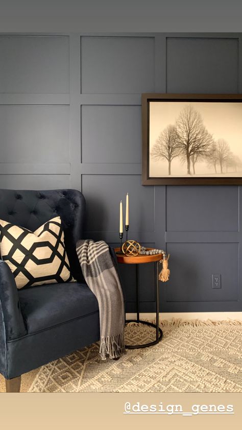 Grid Wall Living Room, Feature Wall Ideas Sitting Room, Accent Wall With Navy Couch, Blue Gray Board And Batten Wall, Navy Accent Wall Basement, Navy Blue Bedroom Board And Batten, Accent Wall Sitting Room, Navy Walls And Ceiling, Accent Wall Bonus Room