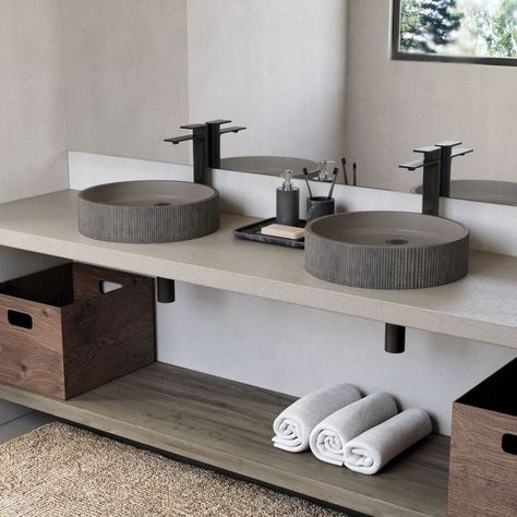 Trueform Concrete (@trueform_concrete) • Instagram photos and videos Concrete Vessel Sink, Free Standing Sink, Wall Mount Sinks, Wooden Vanity, Vessel Faucets, Concrete Sink, Countertop Design, Plumbing Bathroom, Concrete Color