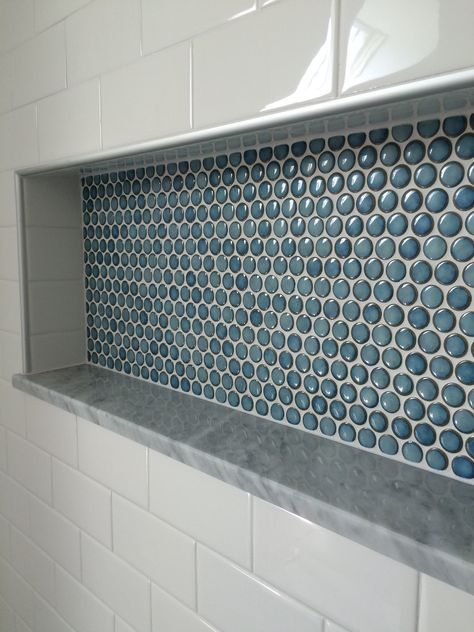 custom shower detail. inset niche with penny tiles, marble base and subway tile wall.  Portland, Maine renovation. East End Carpentry. Edward Gibbs https://www.facebook.com/eastendcarpentry/ Bathroom Niche, Herringbone Backsplash, Penny Tile, Master Shower, Shower Niche, Bathroom Shower Tile, Bathroom Remodel Shower, Upstairs Bathrooms, Bathroom Redo