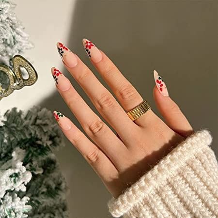 French Tip Press on Nails Medium Red Green Snowflake Design Flesh Color Almond Shape Acrylic Nails for Women Christmas Fake Nails 24 Pcs Classy Christmas Nails Almond, Mistletoe Nails, Christmas Nails Almond, Classy Christmas Nails, Unghie Nail Art, Nagel Tips, Classy Christmas, Christmas Nails Acrylic, Flower Nail