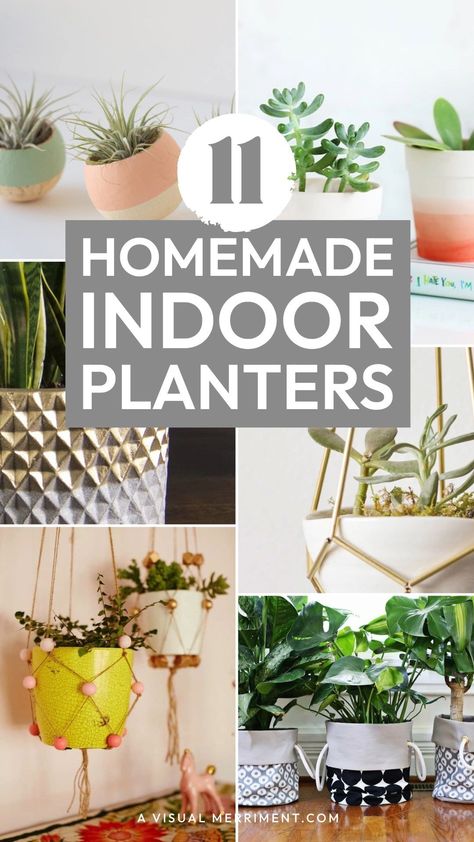 Ever wonder how to spruce up your space with little effort and cost? Dive into our collection of cute DIY indoor planter ideas that will make all your other plants green with envy. From walls to floors to hanging plants, we've got you covered! Check out the round up at A Visual Merriment #indoor #planter #diy Wall Plants Indoor Diy, Plant Pot Hanging Ideas, Diy Big Planters Pots Indoor, Upcycled Planter Ideas, Indoor Plant Pot Ideas Diy Planters, Diy Planter Indoor, Unique Planter Ideas Indoor, Planter Diy Indoor, Indoor Plant Pots Diy