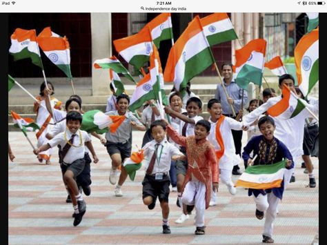 School children celebrating Indian Independence Day with the Indian flag. Independence Day Thoughts, Independence Day Hd Wallpaper, Republic Day Speech, Happy 15 August, Independence Day Hd, 15 August Images, August Images, Independence Day Wallpaper, Indian Flag Images