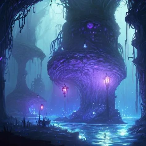 fantasy, concept art, dimly lit underdark, undergrou... Curse Fantasy Art, Drow City Concept Art, The Underdark Dnd, Dnd Setting Art, Fantasy Setting Concept Art, Fantasy Dungeon Concept Art, Under Dark Dnd, Low Fantasy Art, Underground City Fantasy Art