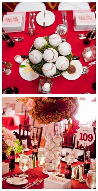 Grown Up Baseball Theme...Perfect for My Baseball Loving Boyfriend and Family! Baseball Wedding, Baseball Theme Party, Baseball Birthday Party, Baseball Party, Baseball Theme, Baseball Birthday, Baseball Baby, Ideas Party, Center Pieces