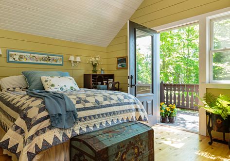 Swedish Cottage in Wisconsin Countryside - Town & Country Living Swedish Cottage, Built In Bed, Rustic Exterior, Beadboard Ceiling, Farmhouse Remodel, Yellow Bedroom, Dreamy Bedrooms, Home Good, Farmhouse Bedroom