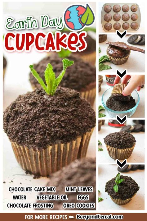 These Earth day cupcakes are completely edible and look adorable. Made to look like a little plant growing in the dirt, what better way to celebrate the Earth? Earth Day Snacks For Kids, Earth Day Decorations Party Ideas, Plant Themed Desserts, Earth Day Recipes, Garden Theme Desserts, Earth Day Party Ideas, Earth Day Cupcakes, Earth Dessert, Earth Day Desserts