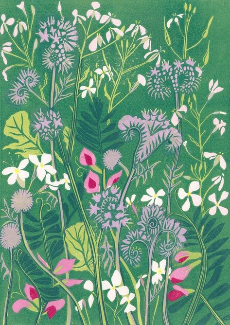 "WILDFLOWER FIELD" by Alison Deegan. Linocut on Paper, Subject: Flowers and plants, Abstract style, From a limited edition of 19, Signed and numbered on the back, Size: 23 x 32 x 0.1 cm (unframed), 9.06 x 12.6 x 0.04 in (unframed), Materials: hand carved lino and oil based ink Flowers Meadow, Wild Flower Meadow, Wildflower Field, Lino Cut, Bee Friendly, Garden Wall Art, Lino Print, Linocut Prints, Paintings For Sale