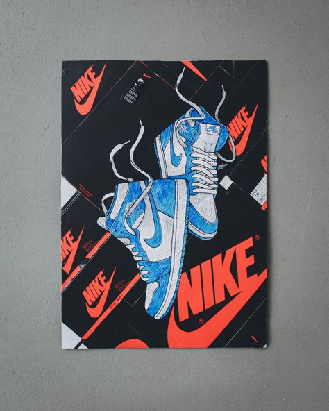 Something new: #Nike Air #Jordan 1 „UNC“ - Mixed Media on original Nike Air Jordan 1 shoe box from 2019 (70cm x 50cm) by Stefan Schaar⁠ #art #painting #modernart #sneakerart #acrylicpainting #lacesandtraces #limited #shoebox #contemporaryart #1of1 Painted Shoebox Ideas, Jordans Painting, Jordan Painting, Air Jordan 1 Unc, Jordan 1 Unc, Nike Art, Sneaker Art, Bullet Journal Art, Journal Art