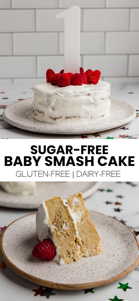 This sugar-free baby smash cake is made with almond flour, oat flour, apple sauce, banana, and eggs! It's topped with a dairy-free yogurt frosting, perfect for dairy-sensitive little ones! Sugar Free Smash Cake, Smash Cake Recipe, Baby Smash Cake, Yogurt Frosting, Healthy Smash Cake, Sugar Free Frosting, Smash Cake Recipes, Unbound Wellness, Dairy Free Frosting