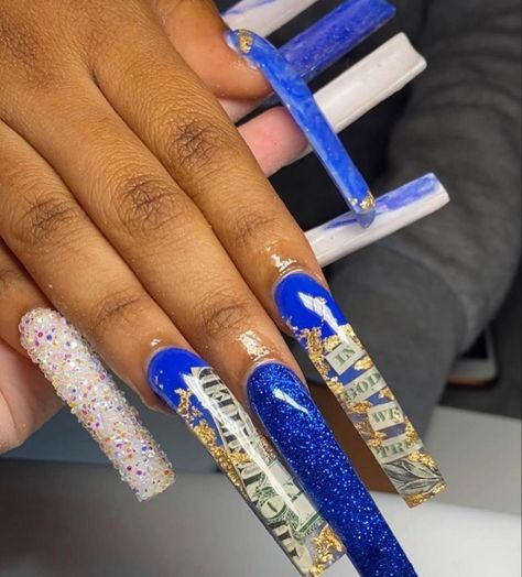 Blue Money Nails, Blue Money, Poppin Nails, Fye Nails, Encapsulated Nails, Claw Nails, Acrylic Nails Coffin Pink, Nail Nail, Acrylic Nail Art