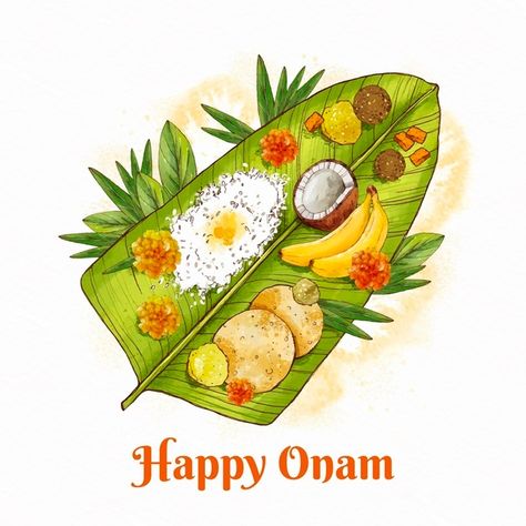 Onam Illustration, Onam Wishes Images, Happy Onam Images, Onam Images, Happy Onam Wishes, Onam Sadya, Onam Wishes, Pookalam Design, Watercolor Indian