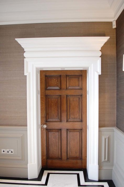 Six panel Georgian oak door with painted surround Georgian Interiors Staircases, Victorian Architrave Door Frames, Colonial Door Trim, Georgian Staircase, Traditional Interior Doors, Oak Panelling, Georgian Estate, Door Moulding, Georgian Doors