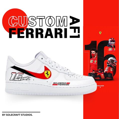 Fuel your passion for speed and style with our custom hand-painted Air Force 1s inspired by Charles Leclerc and Ferrari! 🏎️🔥 From the iconic red accents to the intricate details of the logo, these kicks are a tribute to the thrill of F1 racing and the elegance of Ferrari. Get ready to turn heads on and off the track! 🏁👟 How to Order? Message us on Instagram right now! @solecraftstudios #SolecraftStudios #CharlesLeclerc #Ferrari #CustomSneakers #AirForce1 #F1Fashion #paintedsneakers Painted Sneakers, F1 Racing, Custom Hand Painted, Craft Studio, Custom Sneakers, Red Accents, Designer Sneakers, Air Force, Ferrari